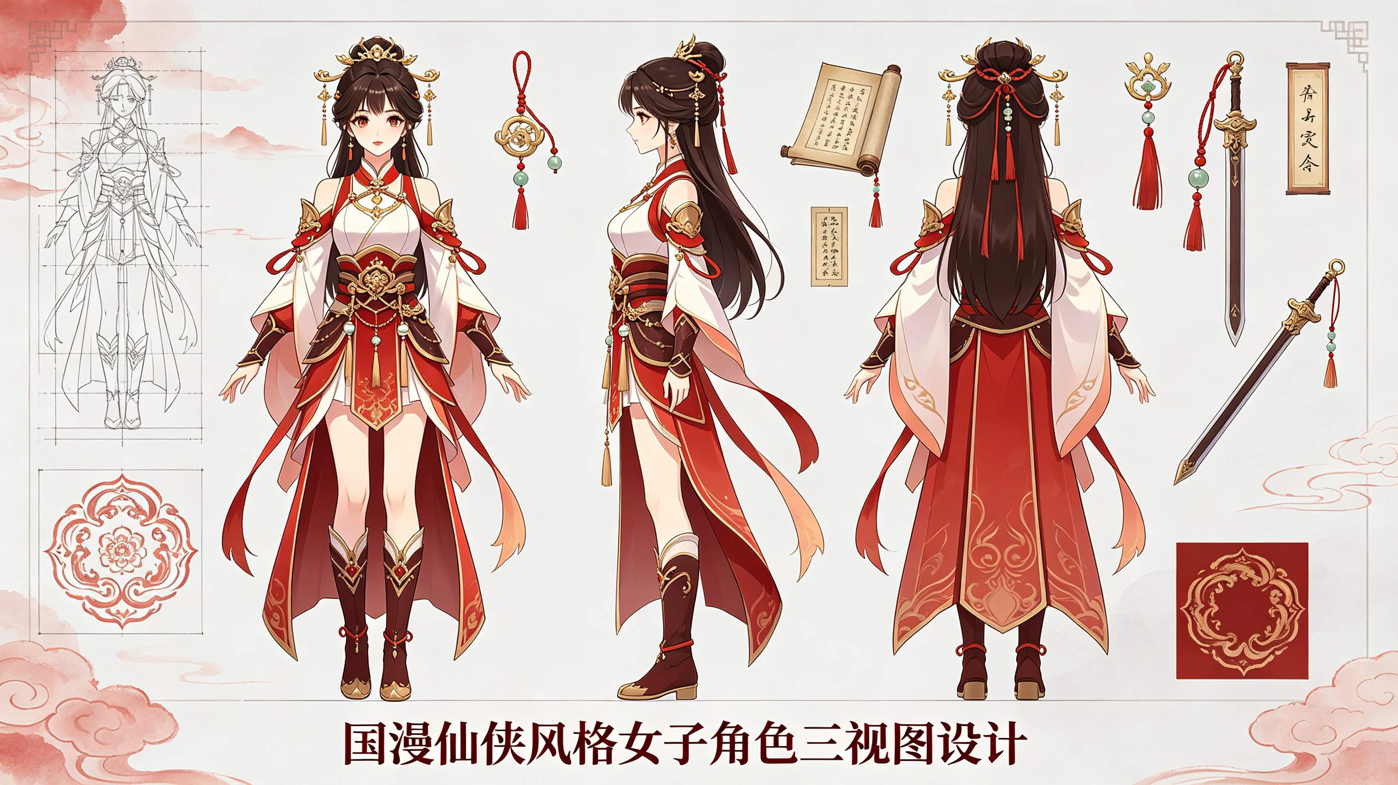 3D 国漫 CG 仙侠风格女子角色三视图设计